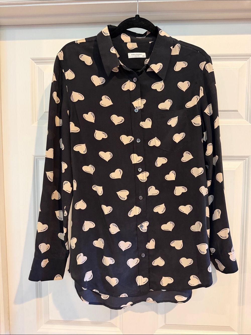 Equipment Black Button-Down Shirt with Cream Heart Print
